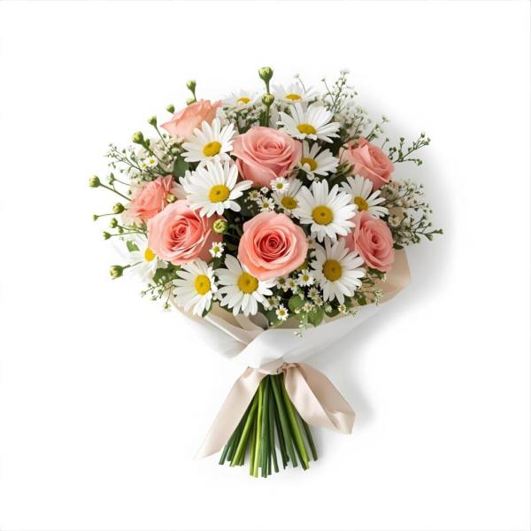 Pembe Güller Ve Papatya Buketi